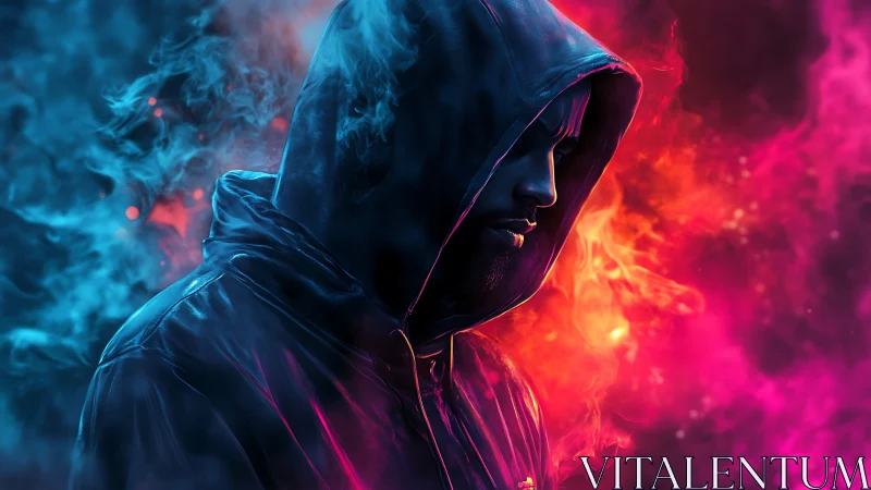 Hooded figure divides neon fire and ice smoke. Period.