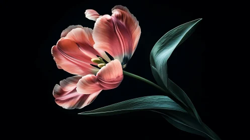 Pink Tulip Against Black. Delicate Petals, Green Leaves.