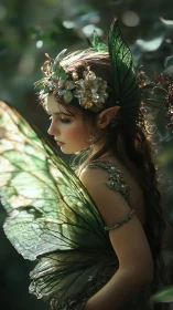 Green winged forest fairy girl in soft side profile view.