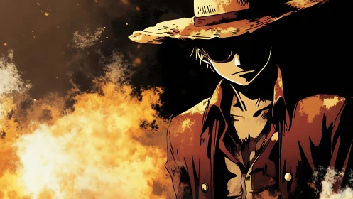 Straw hat figure in stylized flames against dark background.