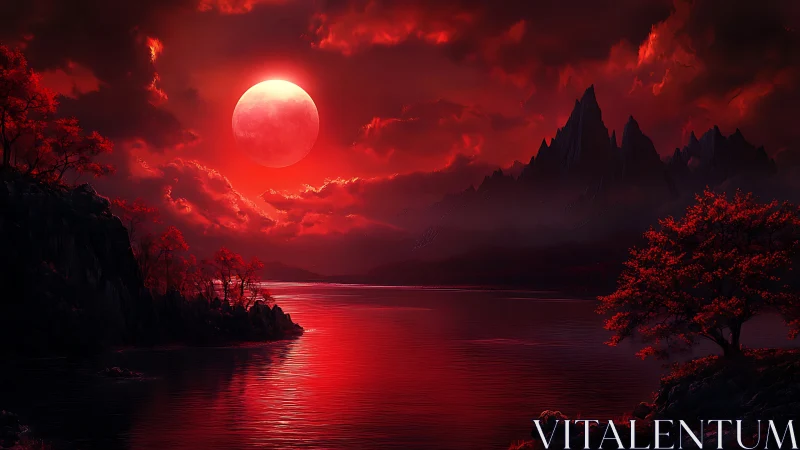 Crimson moonrise ignites a dark, mystical mountain lake