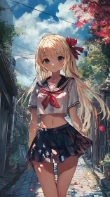 Blonde schoolgirl in sunlit alleyway with autumn foliage.