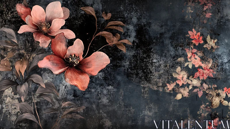 Textured dark floral mural with coral blossoms and patina depth