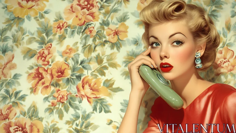 Retro-styled woman holds telephone against floral background