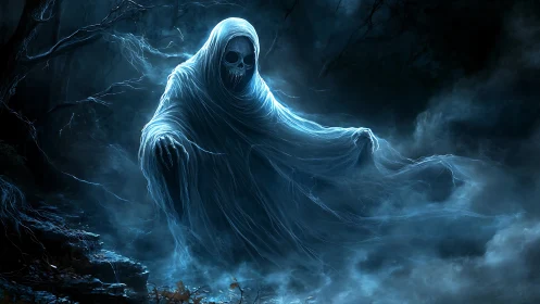 Spectral cloaked entity materializes in fog with luminous contouring