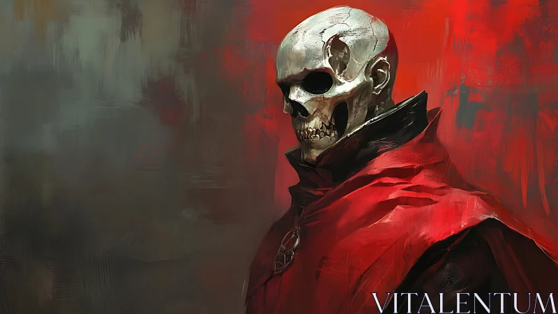 Digital painting of skeletal warlock in scarlet cloak profile.