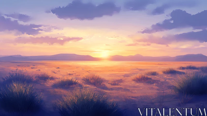 Sunlit desert hush under lavender clouds at daybreak.