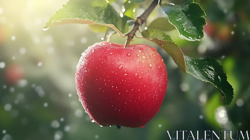 Red apple on branch with water droplets after rainfall.
