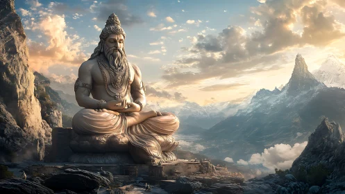 Monumental meditating figure occupies central mountain basin