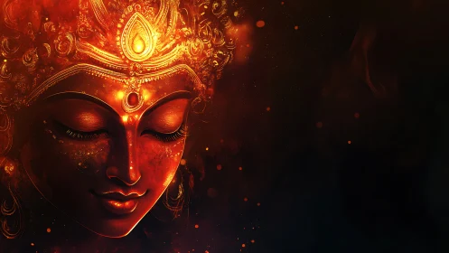 Luminous fiery goddess visage with ornate jeweled diadem glow