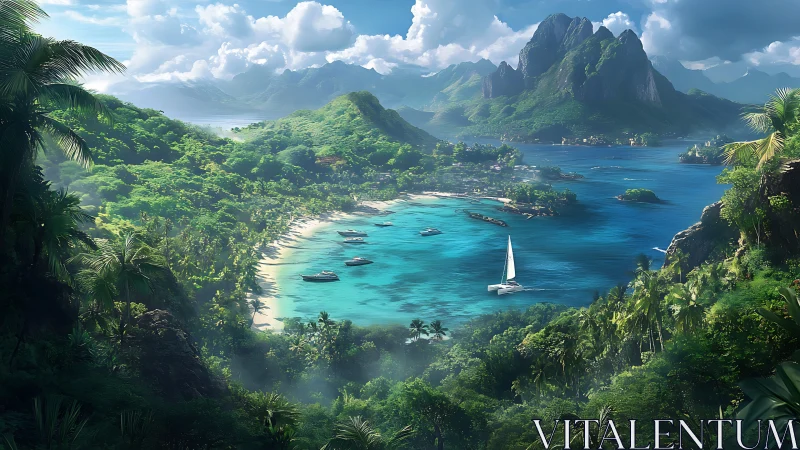 Tropical Island Bay with Moored Vessels and Mountainous Peaks.
