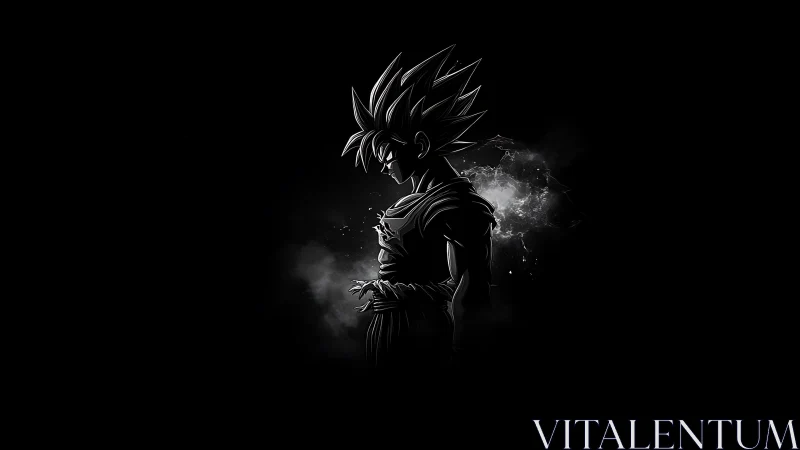 Silhouetted spiky haired figure stands against dark void