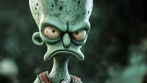Grimacing green alien rendered in high-detail 3D character art