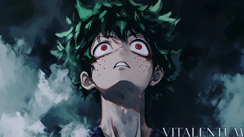 Intense anime portrait with red-eyed upward gaze in smoke.