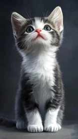 Tabby and White Kitten with Wide Eyes, Front View.