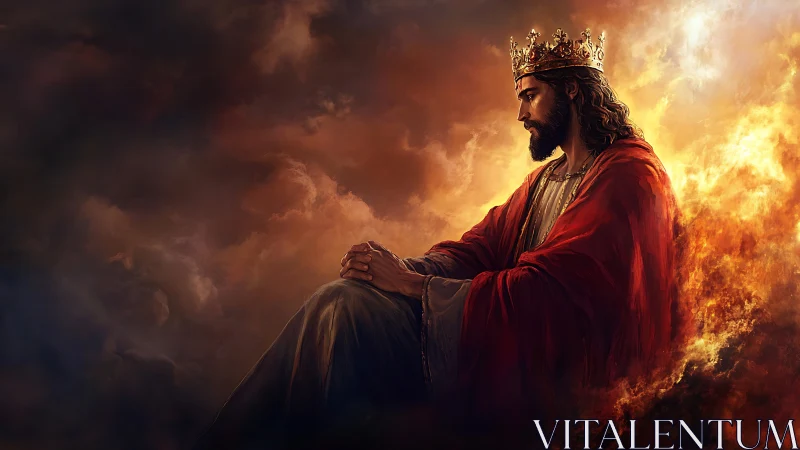 Melancholic crowned king seated in fiery clouds scene.