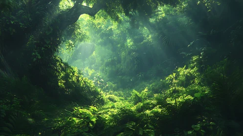 Dense tropical canopy interior featuring volumetric light diffusion and layered vegetation depth ren