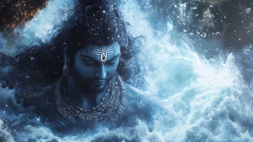 Mythic blue deity emerging through turbulent celestial water