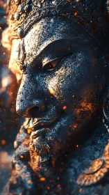 Weathered stone deity head rendered in dramatic ember light