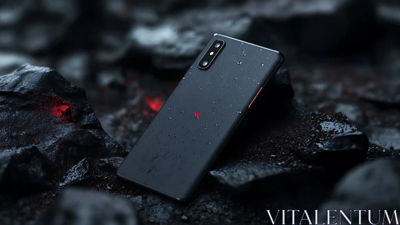 Hydrophobic black smartphone on volcanic basalt terrain render.
