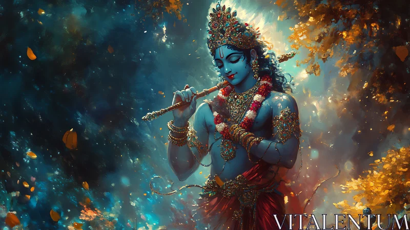 Celestial flute melody in a glowing forest of devotion.