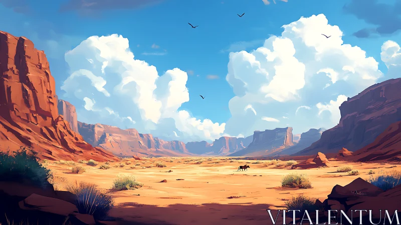 Lone rider crosses vast desert canyon under towering clouds