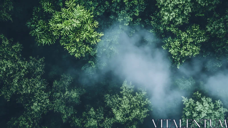 Aerial forest river view through misty canopy.