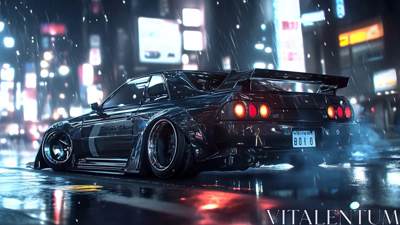 Modified black sports car in neon lit rainy city street.