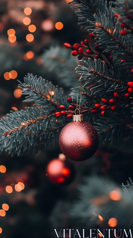 Single red ornament hangs from fir branch amid defocused lights