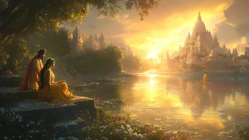 Golden riverside temple glows at sunset as two figures reflect.