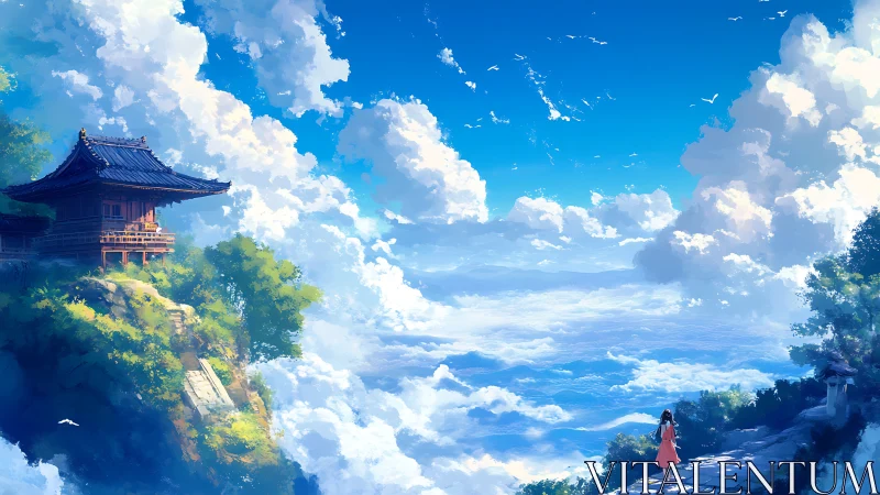 Sky path to cliffside temple above a boundless cloud sea.