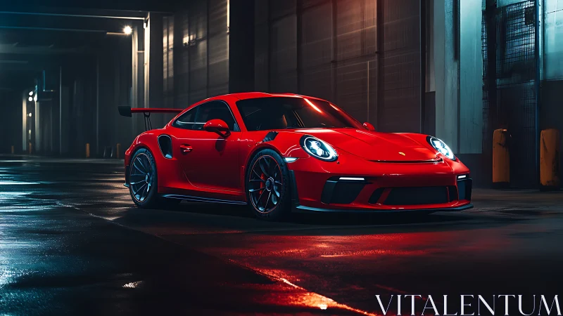 3D automotive render of red sports coupe in moody tunnel light.