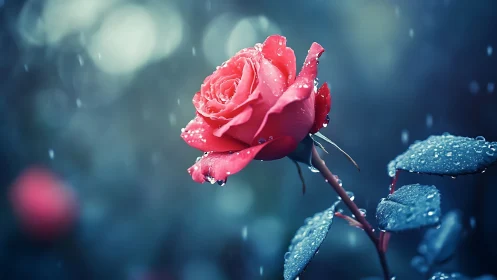 Pink Rose in Rain with Glistening Droplets and Soft Blue Bokeh