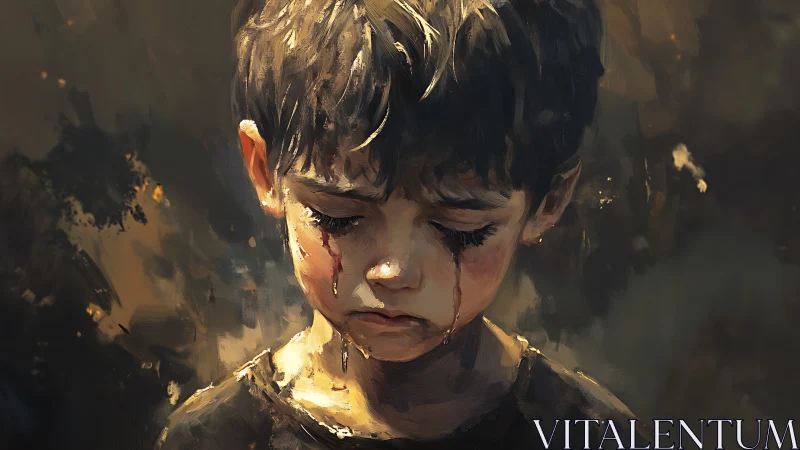Somber digital portrait of a crying young boy in shadow.