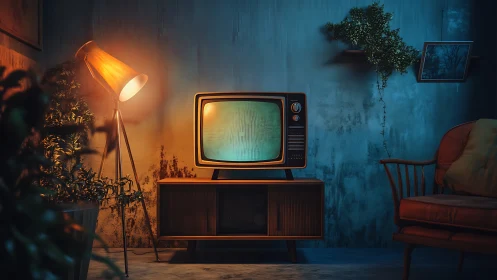 Retro cathode-ray television in moody bicolor living room.