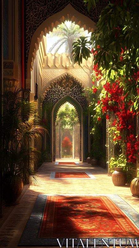 Sunlit Moorish arcade opens onto lush hidden courtyard.