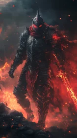 Infernal armored warlord strides through volcanic firestorm