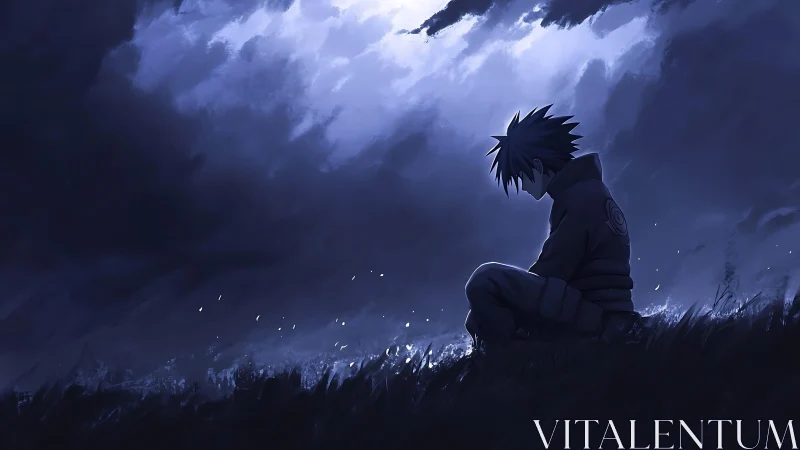 Lone anime wanderer broods beneath a stormlit midnight sky.