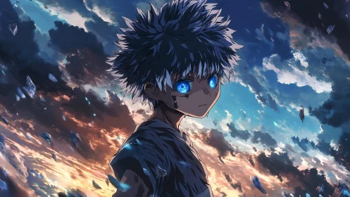 Blue-eyed anime boy under dramatic dusk sky with flying shards
