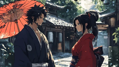 Samurai couple in kimono under red wagasa in Edo street
