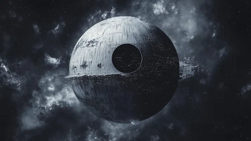 Massive spherical space station drifts through dark nebula field