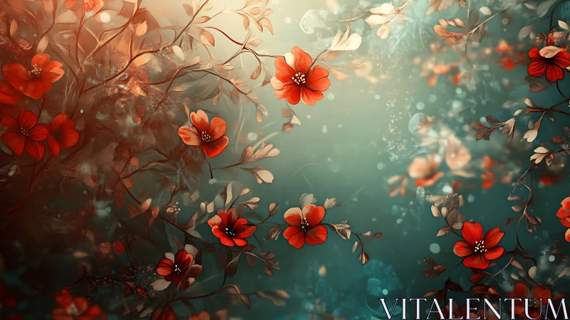 Crimson Blooms Dancing Through Emerald Reverie.