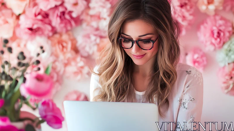 Woman with laptop against pink floral studio backdrop.