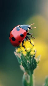 Ladybug macro on yellow wildflower with soft bokeh glow.