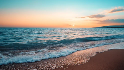 Sunset waves roll onto a tranquil shoreline in vivid color