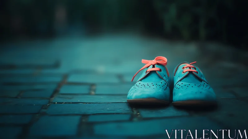 Tiny blue toddler shoes rest quietly on a cobbled path.