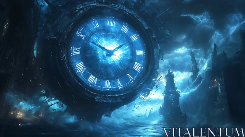 Stormlit clockwork vortex above a drowning gothic city.