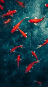 Gentle red koi gliding through deep blue, calming water.