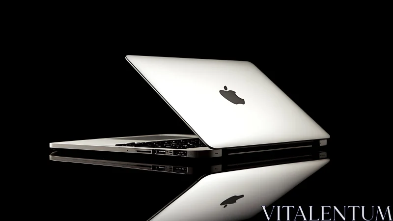 Sleek silver laptop resting in calm, reflective darkness.
