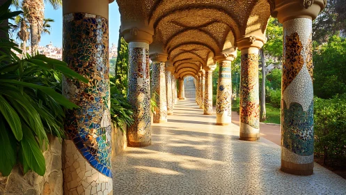 Sunlit mosaic colonnade in colorful city park walkway.